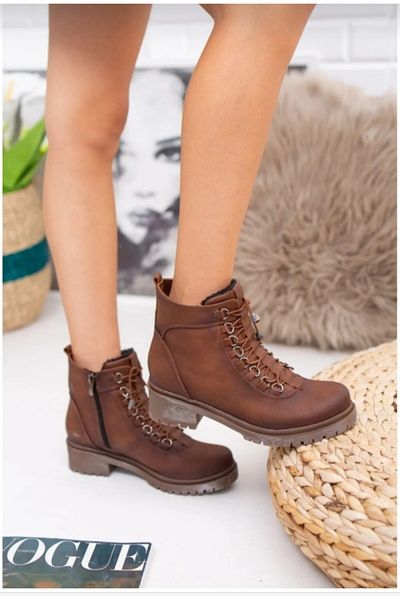 Özkan Ayakkabı TAN COLOR RUBBER LACE-UP ZIPPERED THERMO SOLE-FREE WINTER BOOTS