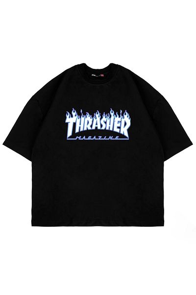 Sekizbiraltı Thrasher Flam Printed Oversize Unisex Μαύρο Tshirt