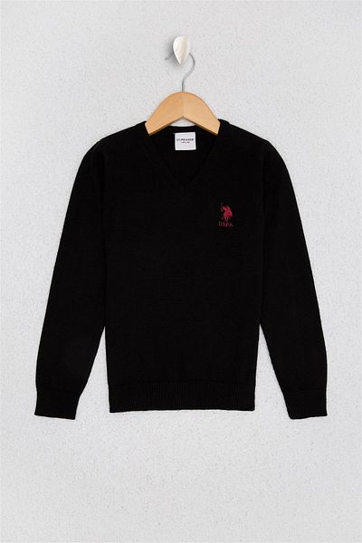 U.S. Polo Assn. Базов черен плетен пуловер с V-образно деколте за момче