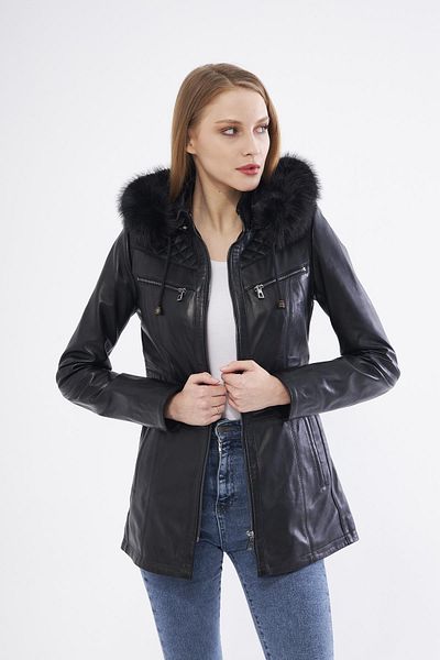 DERİNSS Derinss Dka2332 Genuine Leather Women's Black Coat