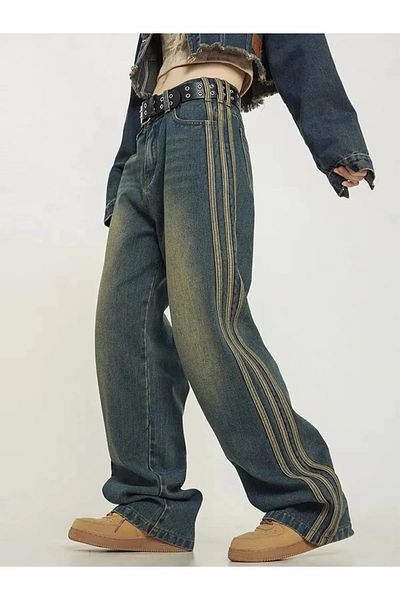 Gofeel Harajuku Y2k - Blue Baggy Jean Detailed Vintage Line Street