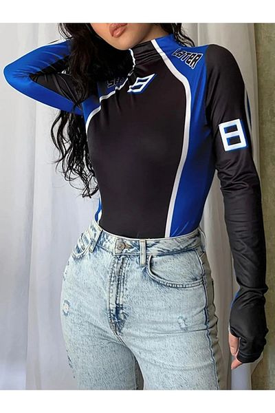 Gofeel Harajuku Y2K Black Long Sleeve Blouse - Racing Line Detail