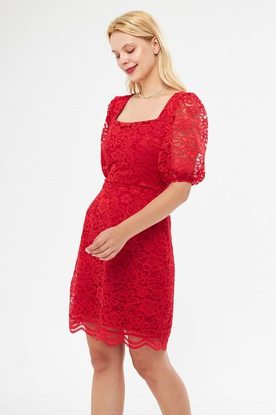 Bidoluelbise Red French Lace Balloon Sleeve Square Collar Mini Evening Dress