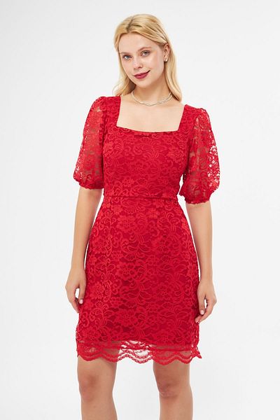 Bidoluelbise Red French Lace Balloon Sleeve Square Collar Mini Evening Dress