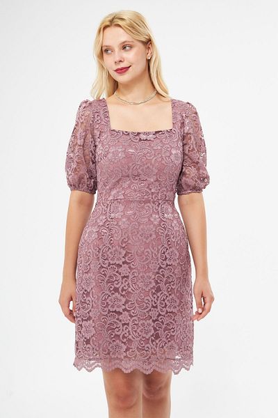 Bidoluelbise Μίνι βραδινό φόρεμα Dusty Rose γαλλικό δαντελένιο μπαλόνι με τετράγωνο γιακά