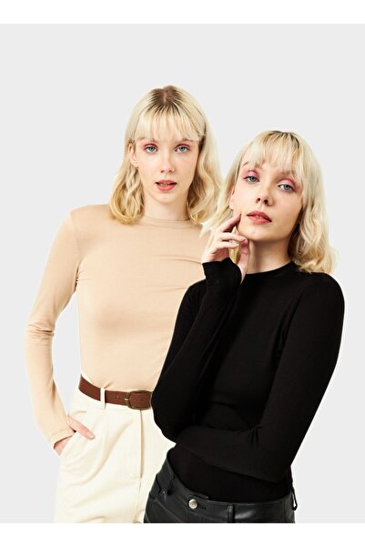 Bukamiss Γυναικεία Μαύρη Κρέμα Μπλούζα 2 τεμαχίων με λεπτομέρεια στα δάχτυλα