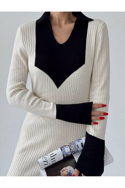Lusin Women's Long Sleeve Midi Knitwear Dress with Collar and Sleeve Detail - White