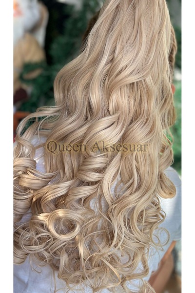 QUEEN AKSESUAR lüks trend uzun bukleli dalgalı kıvırcık at kuyruğu fiber mandal tokalı postiş küllü sarı 8885