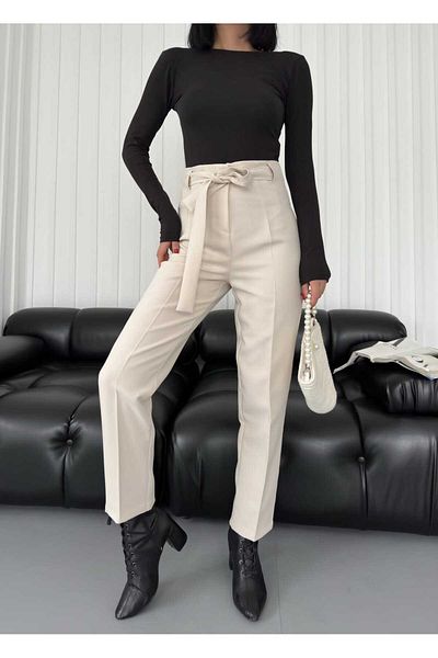 Berm Women's Stone Ecru Striped High Waist Belt Detailed Carrot Cut Trousers