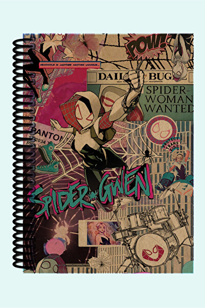 Namgo Spiderwoman Gwen Kolaj Temalı 200 Sayfa Hediyelik A5 Spiralli Kraft Kap...