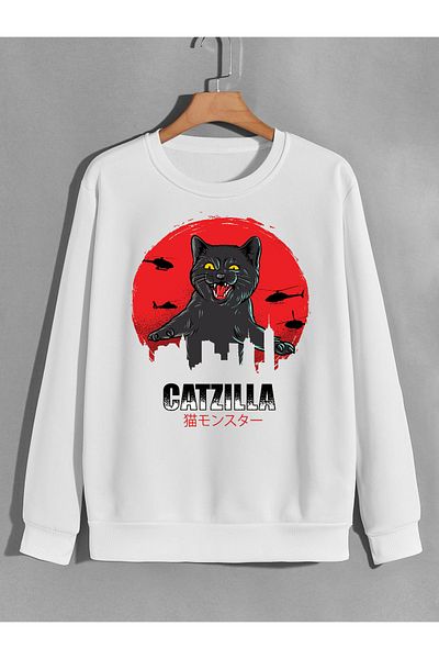 karikatürstore Catzilla kedizilla ali printed 0 collar (bicycle collar) sweatshirt