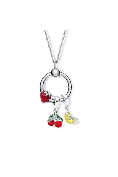 ni aksesuar Steel Plated Moments Round Pendant and Lemon-Strawberry-Cherry Triple Charm