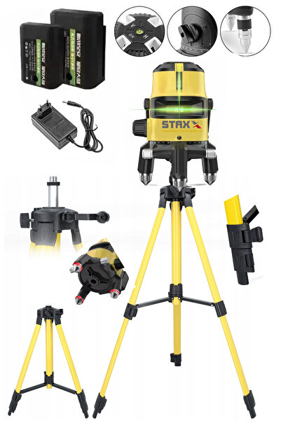 STAXX POWER 2 Çizgili Yatay Ve Dikey Yeşil Lazer Ölçüm Hizalama 30m Mesafe x2Ad Bataryalı Seviye Ölçme +Tripod