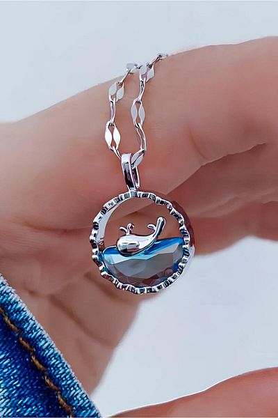 The Collection Non-Tarnish Whale Steel Necklace Blue Floating Fish Model Silver Color Steel Necklace