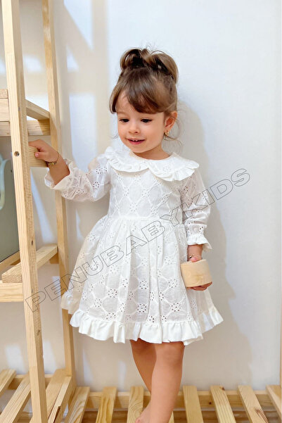 penu baby kids Beyaz Fisto Detaylı Bebe Yaka Uzun Kol Kız Bebek Elbise