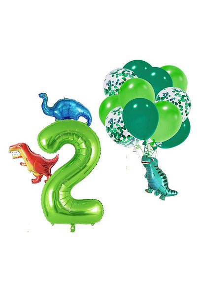 Patladı Gitti 2 Year Old Dinosaur Set; Number Foil, 3 Mini Dinosaurs and 10 Balloons