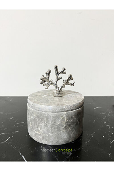 Modestmar Doğal Gri Mermer Kase, Dekoratif Kase, Mermer Kase Gümüş Detaylı, K...