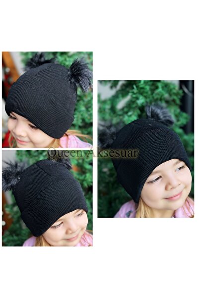QUEEN AKSESUAR Adjustable measurement pom-pom furry hat child baby black 0-6