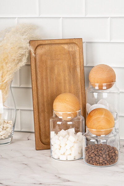 DNS HOME 3-Piece Wooden Ball Lid Glass Storage Container and Wooden Stand Standing Jar Set Spice Jar Set