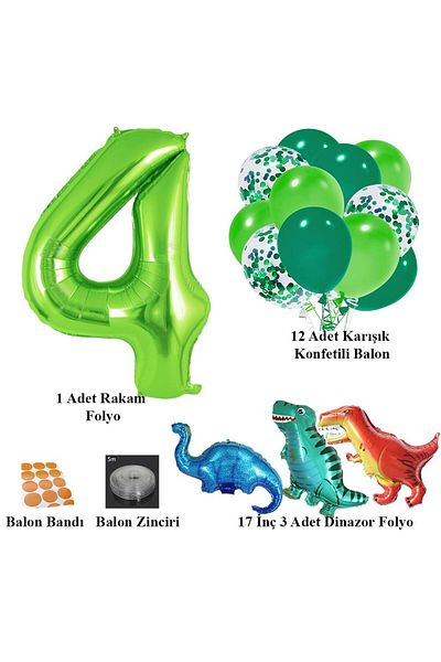 Patladı Gitti 4 Year Old Dinosaur Set; Number Foil, 3 Mini Dinosaurs and 10 Balloons
