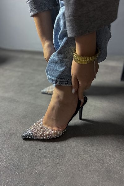 SHOEBELLAS Дамски обувки на висок ток Lunes от черен сатен с перлени камъни