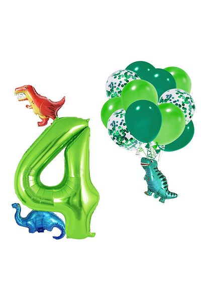 Patladı Gitti 4 Year Old Dinosaur Set; Number Foil, 3 Mini Dinosaurs and 10 Balloons