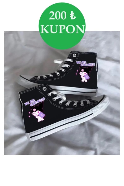Ymn ayakkabı Günlük Keten WE ARE KUROMIES Kuromi Baskılı Siyah Uzun Convers Sneaker Canvas Spor Ayakkabı