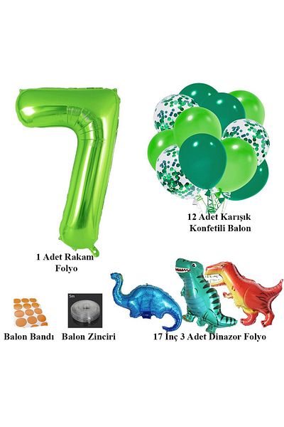 Patladı Gitti 7 Year Old Dinosaur Set; Number Foil, 3 Mini Dinosaurs and 10 Balloons