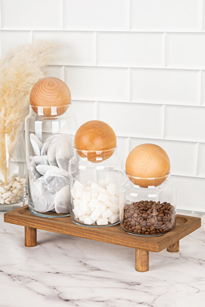 DNS HOME 3-Piece Wooden Ball Lid Glass Storage Container and Wooden Stand Standing Jar Set Spice Jar Set