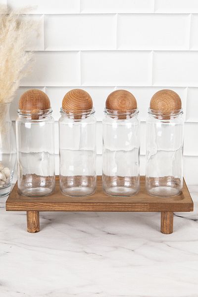 DNS HOME 4-Piece Glass Jar Set with Ball Lid and Wooden Stand Spice Jar Set Storage Container 500 ml