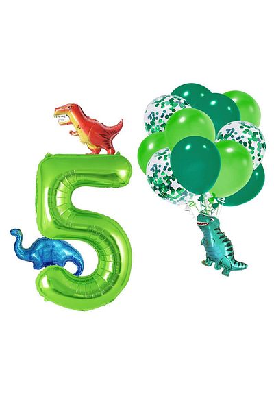 Patladı Gitti 5 Year Old Dinosaur Set; Number Foil, 3 Mini Dinosaurs and 10 Balloons