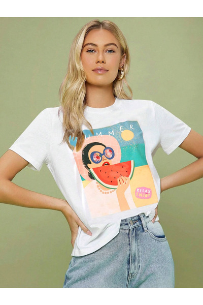 trendgar summer baskılı beyaz Oversize T-shirt