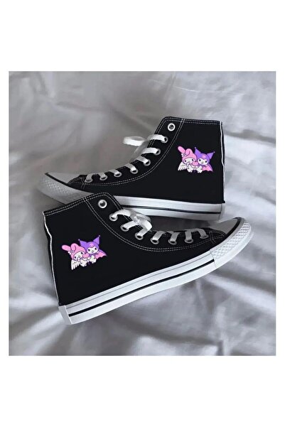 Ymn ayakkabı Günlük Keten Bilekli My Melody & Kuromi Baskılı Siyah Uzun Convers Sneaker Canvas Spor Ayakkabı