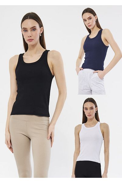 LES OUT Women's Ribbed T-shirt - 3-Piece Halter Neck Knitted Tank Top
