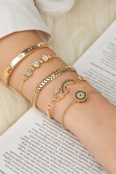 Jack Ferrero KADIN 5 Lİ KOMBİN ORİJİNAL ALTIN KAPLAMA BİLEKLİK SETİ