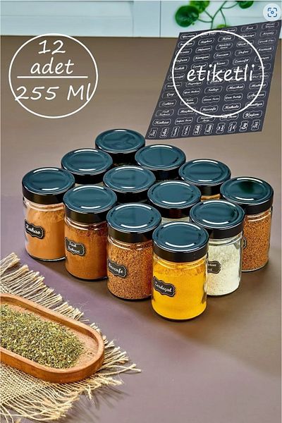 ŞAKİLATA CONCEPT 255ml Glass Spice Rack Set Luxury Storage Container with 12 Labels