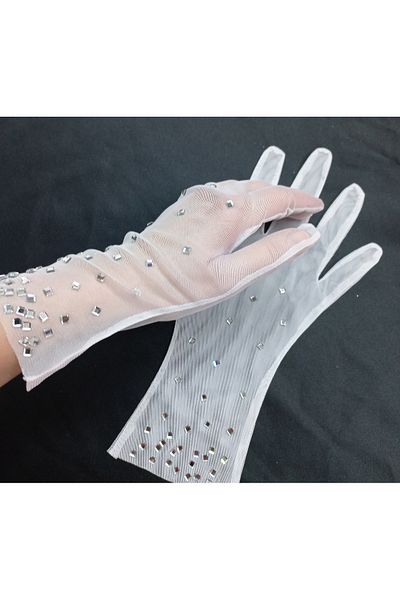 es moda shop Adeline Stoned Opaque Bridal Gloves Wrist Length White