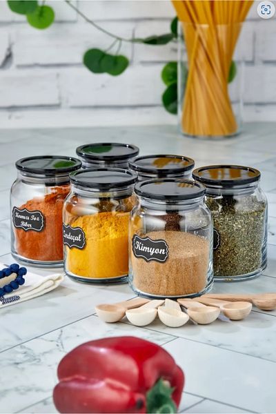 ŞAKİLATA CONCEPT Luxury Spice Set with 6 Spoons and Black Lid Glass Jar Storage Container (300 Ml Spice Jar Set)