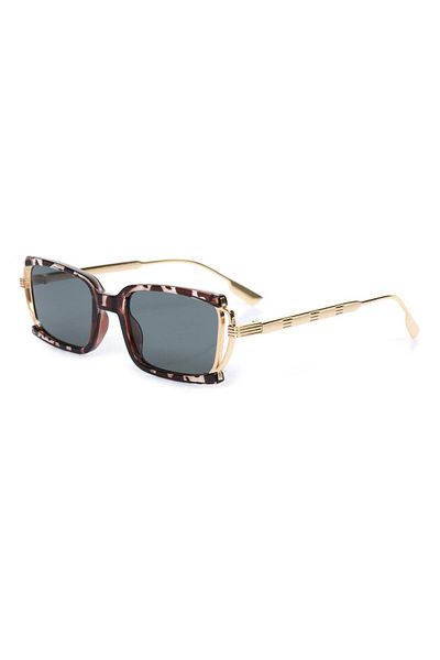 TomyHelf Leopard Frame Smoked Glass Metal Gold Handle Rectangular Women's Sunglasses