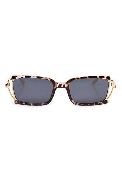 TomyHelf Leopard Frame Black Glass Metal Gold Handle Rectangular Women's Sunglasses