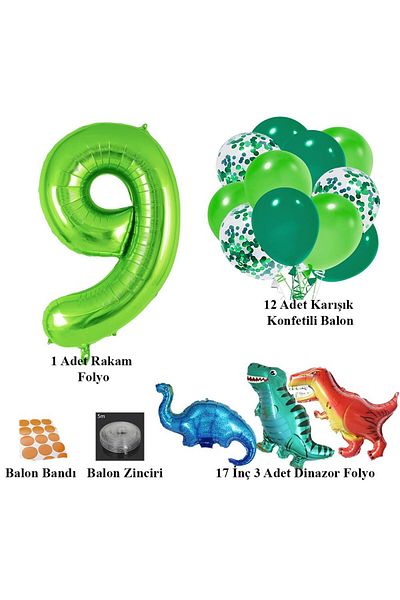 Patladı Gitti 9 Years Old Dinosaur Set - Number Foil, 3 Mini Dinosaurs and 10 Balloons