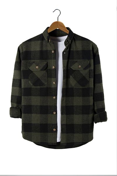 Terapi Men Khaki Regular Fit Shirt Collar Plaid Double Pocket Lumberjack Shirt