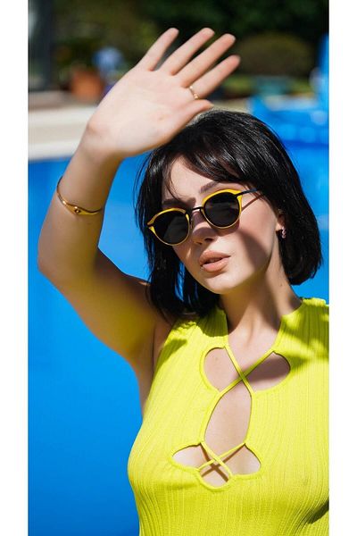 TomyHelf Women's Sunglasses Oval Yellow Frame Black Glass