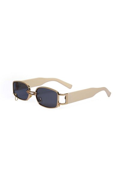 TomyHelf Women's Sunglasses Retro Rectangular Cream Frame Black Glass with Ring No Logo