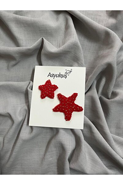 asyakuş Efsarstudio Handmade Yılbaşı Kırmızı Yıldız Anne Kız Punch Nakışı Klips Toka