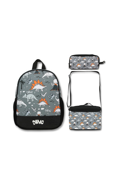 Famebag Ümit Bag Black Gray Dinosaur Kindergarten Bag - Lunch and Pencil Bag Set