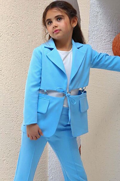 Riccotarz Kız Çocuk Halka Detaylı Blazer Ceket ve Yırtmaç Detaylı İspanyol Paçalı Pantolon Mavi Alt Üst Takım