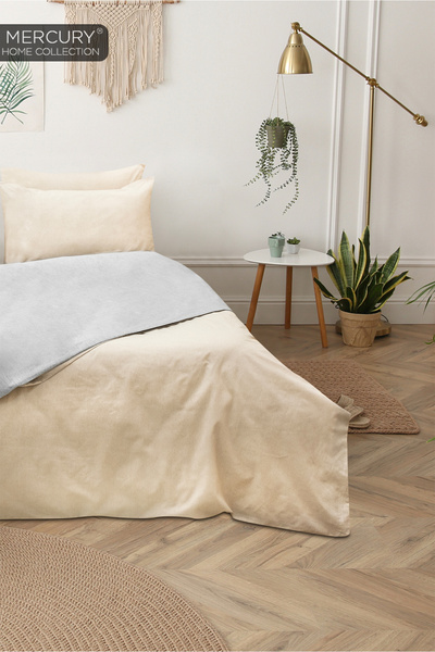Mercury Double Cotton Bedding Set| Beige-grey with Elastic Sheets| Double Sided Buttoned Duvet Cover