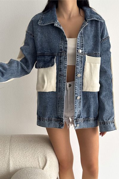 FEMELLE Jachetă de blugi de denim detaliată pentru tricotaj de mărime standard pentru femei