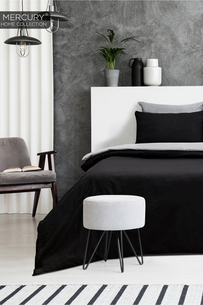 Mercury Double Cotton Bedding Set| Black-Grey with Elastic Sheets| Double Sided Buttoned Duvet Cover